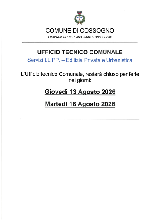 Ufficio Tecnico - Chiusura per ferie